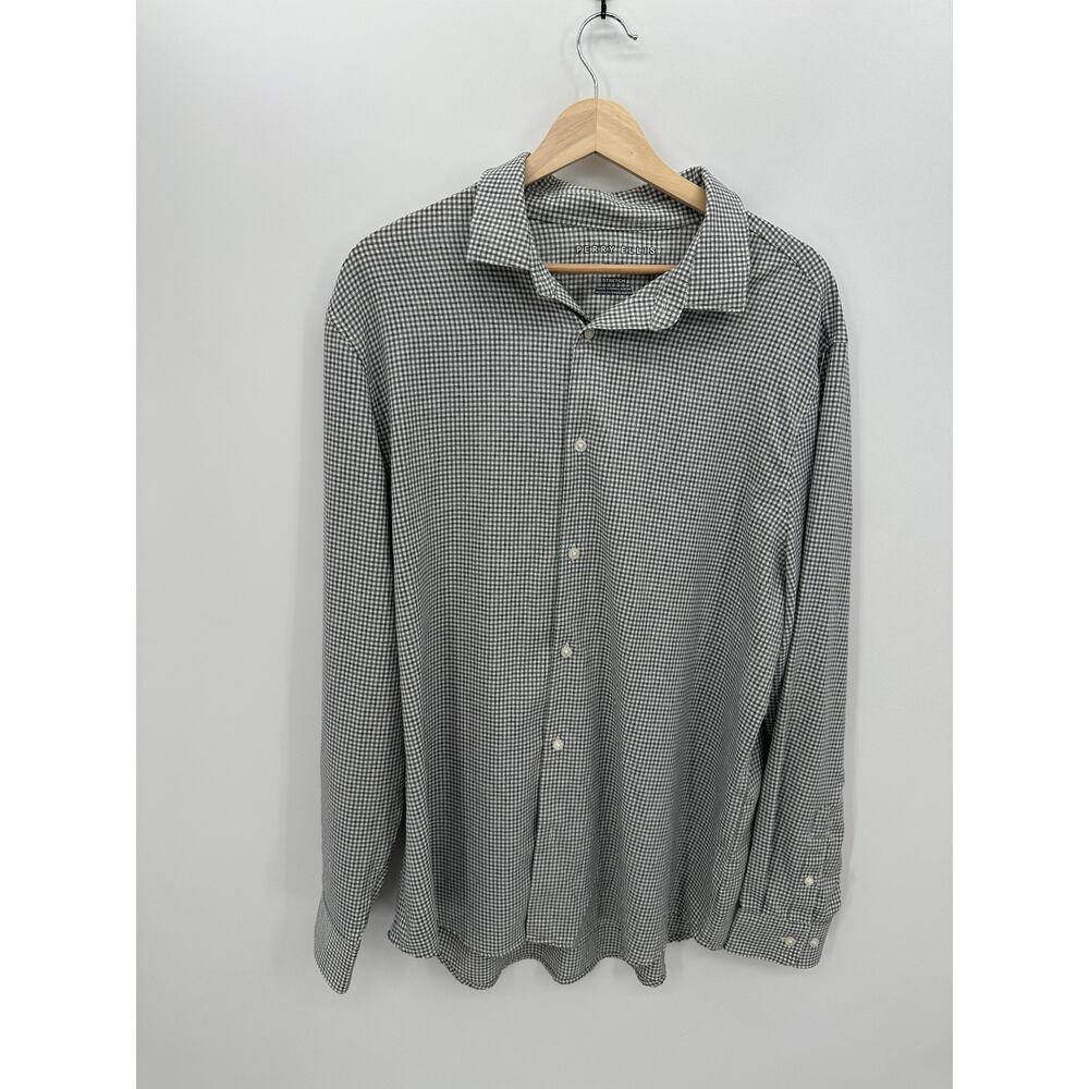 Perry Ellis‎ Mens Gray Gingham Button Up Shirt XL Long Sleeve Stretch Casual
